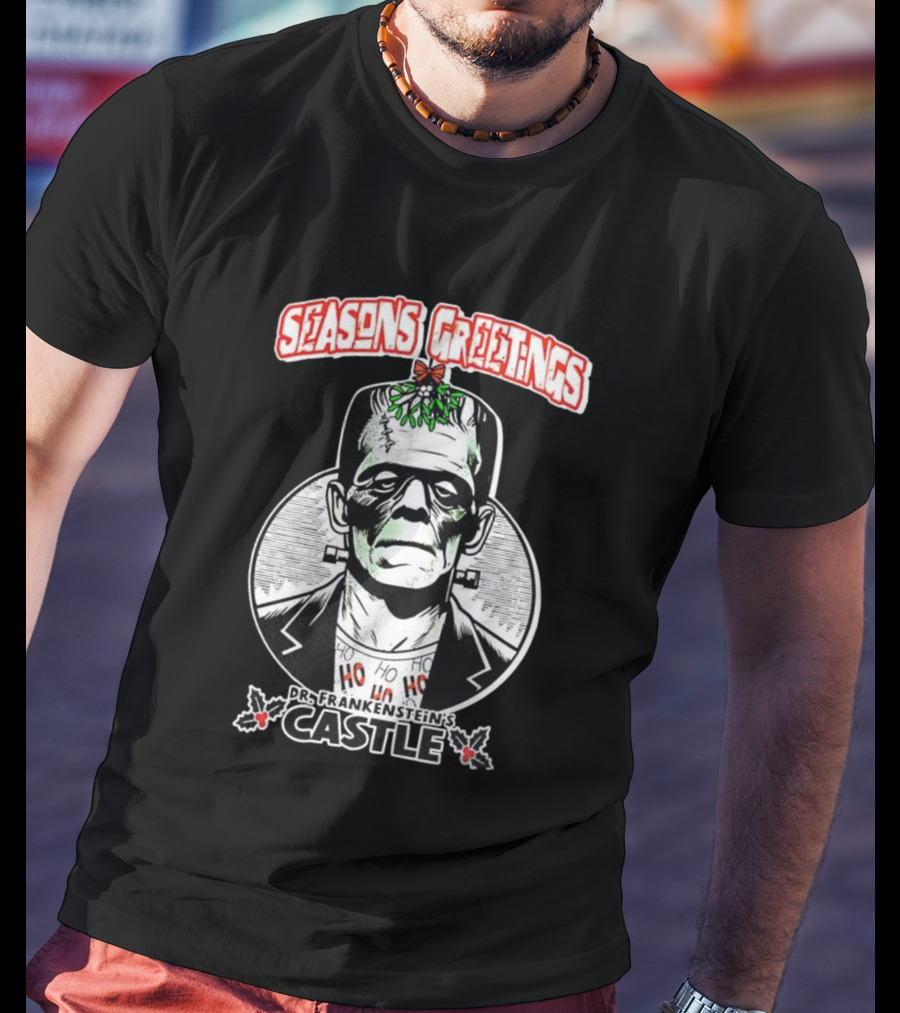 Seasons Greetings Dr. Frankenstein's Castle Christmas T-Shirt