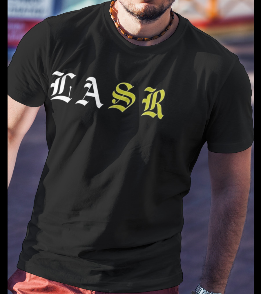 LASR Old English Style Letters Los Angeles Sports Report T-Shirt