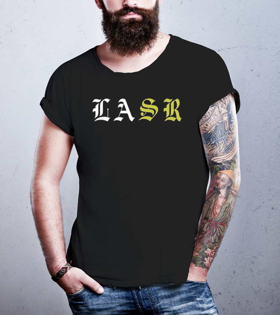 LASR Old English Style Letters Los Angeles Sports Report T-Shirt
