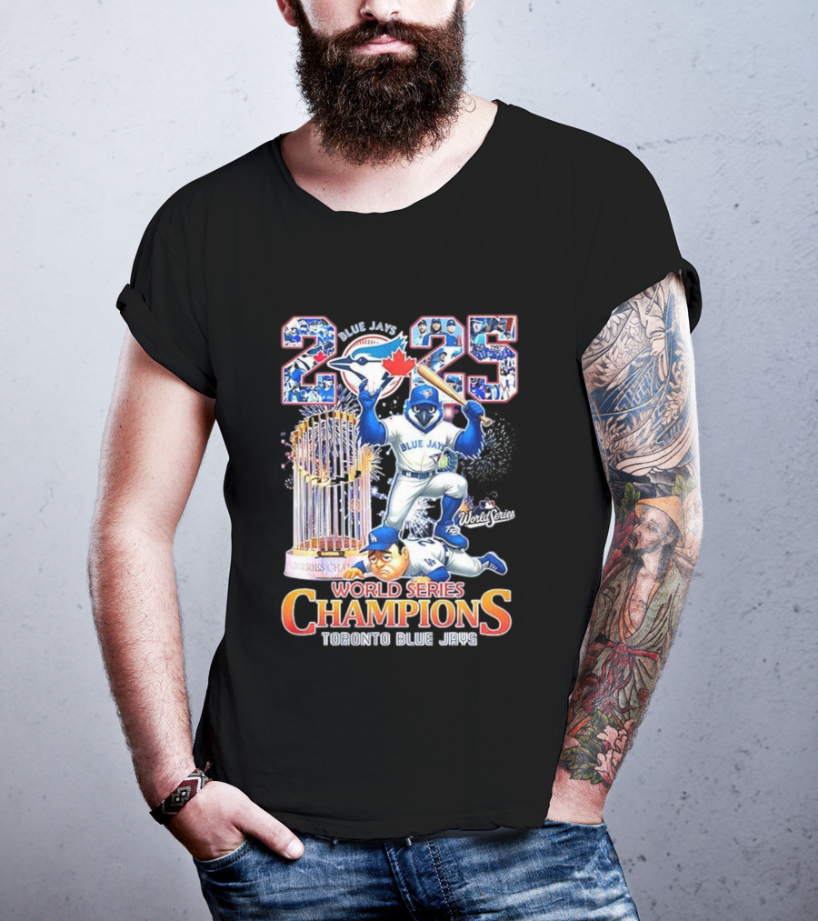 Toronto Blue Jays 2025 World Series Champions Trophy Firework Mascot Celebration T-Shirt
