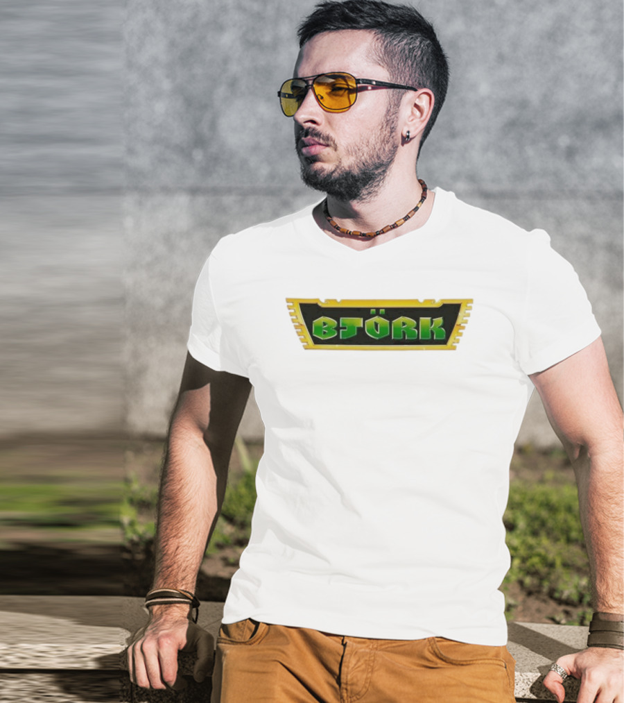 Björk Vintage Green Letters Yellow Border Retro Style T-Shirt