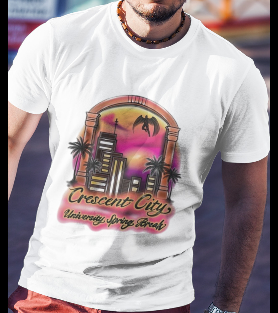 Crescent City University Spring Break Airbrush Tropical Sunset Skyscraper Archway Angel Wings T-Shirt