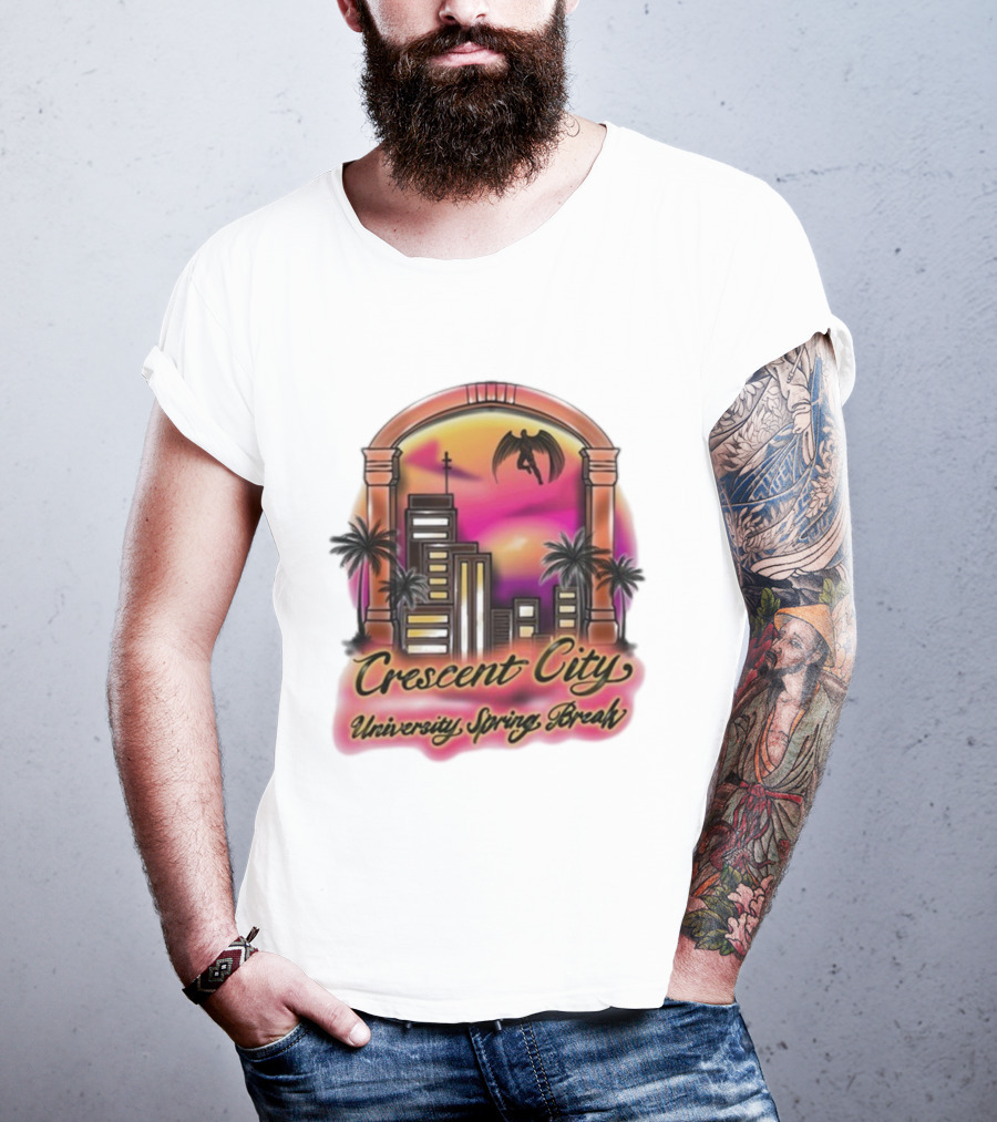 Crescent City University Spring Break Airbrush Tropical Sunset Skyscraper Archway Angel Wings T-Shirt