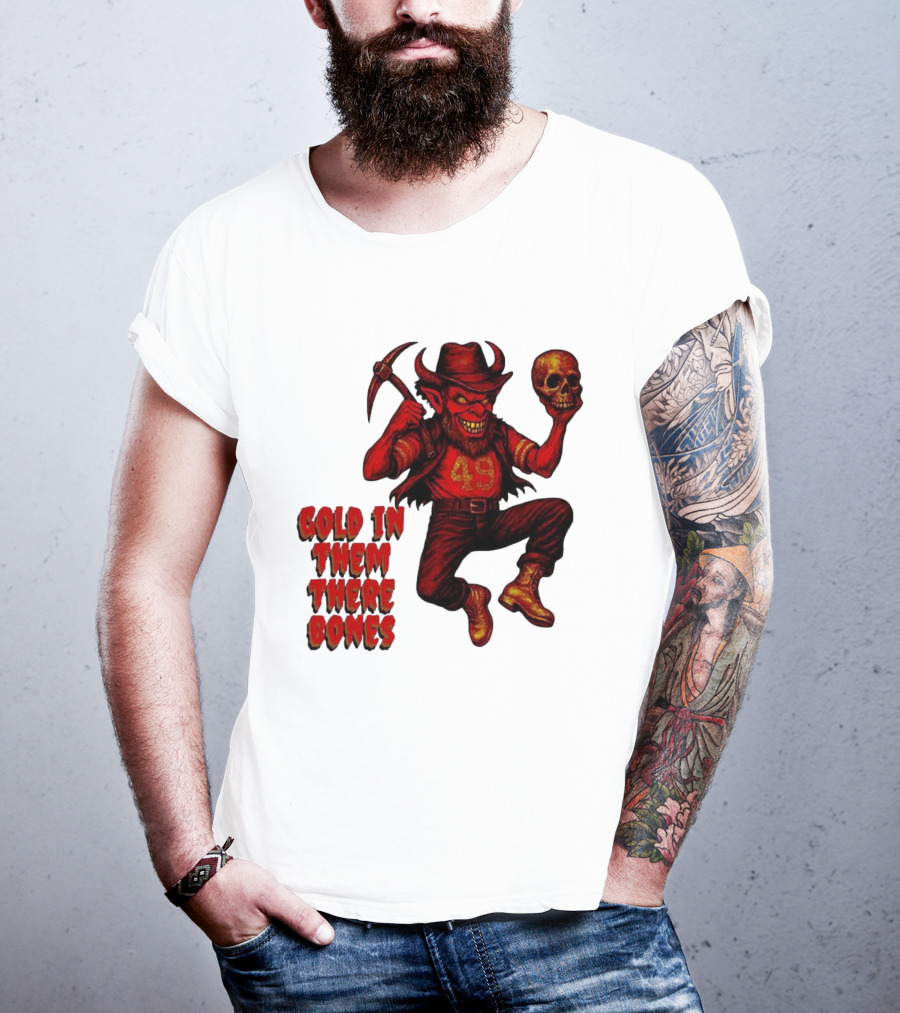San Francisco 49er Devil Holding Skull Gold In Them There Bones T-Shirt