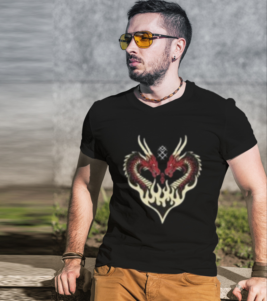 Kruzadar Dragon Heart Dual Red Dragons Flame Embrace T-Shirt