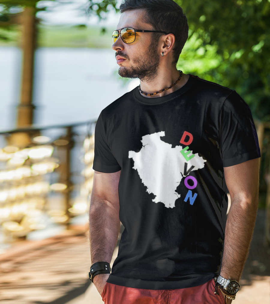 We Are Devon Island Map Outline With Colorful Vertical Text T-Shirt