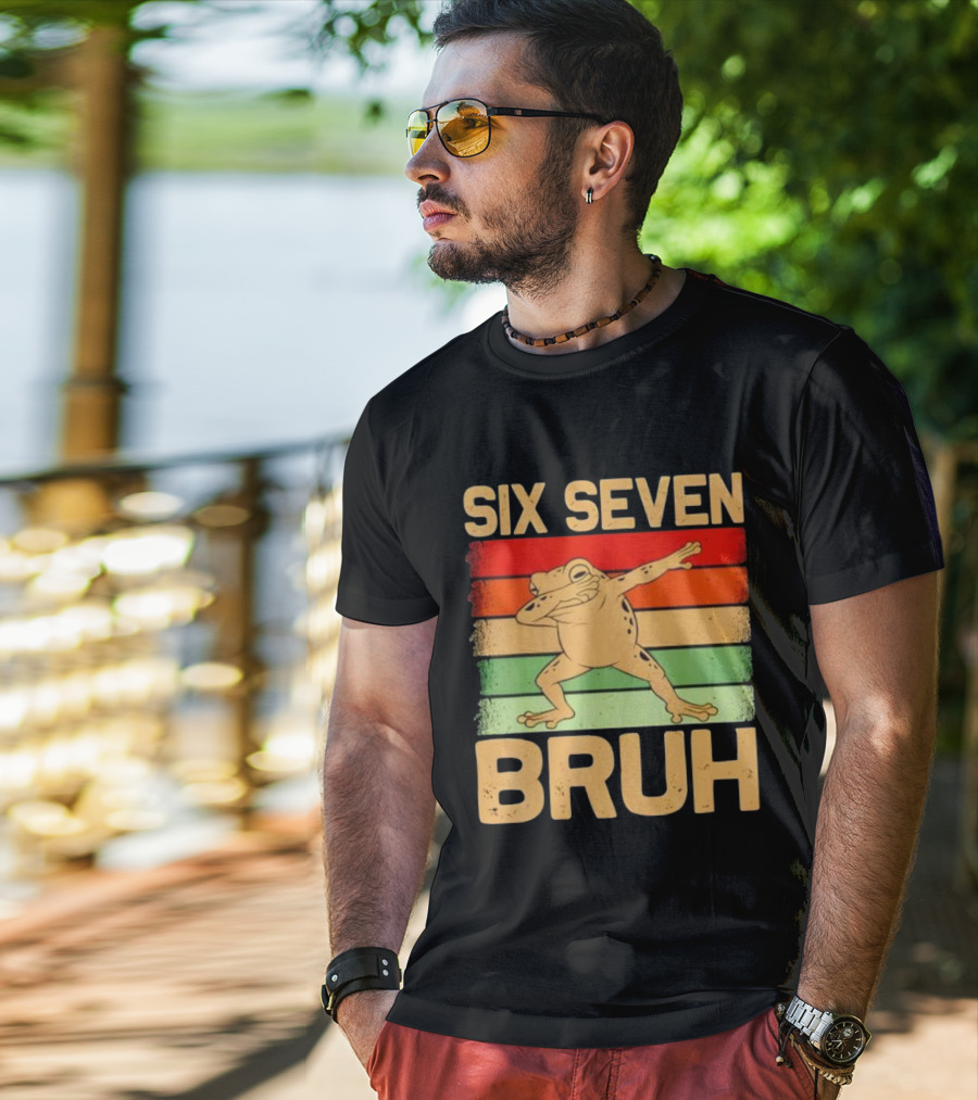 Six Seven Bruh Dab Frog Retro Stripes T-Shirt
