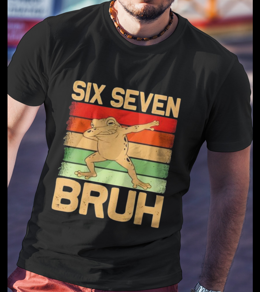 Six Seven Bruh Dab Frog Retro Stripes T-Shirt
