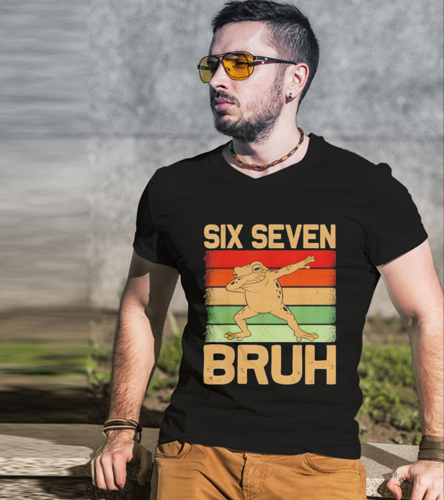 Six Seven Bruh Dab Frog Retro Stripes T-Shirt