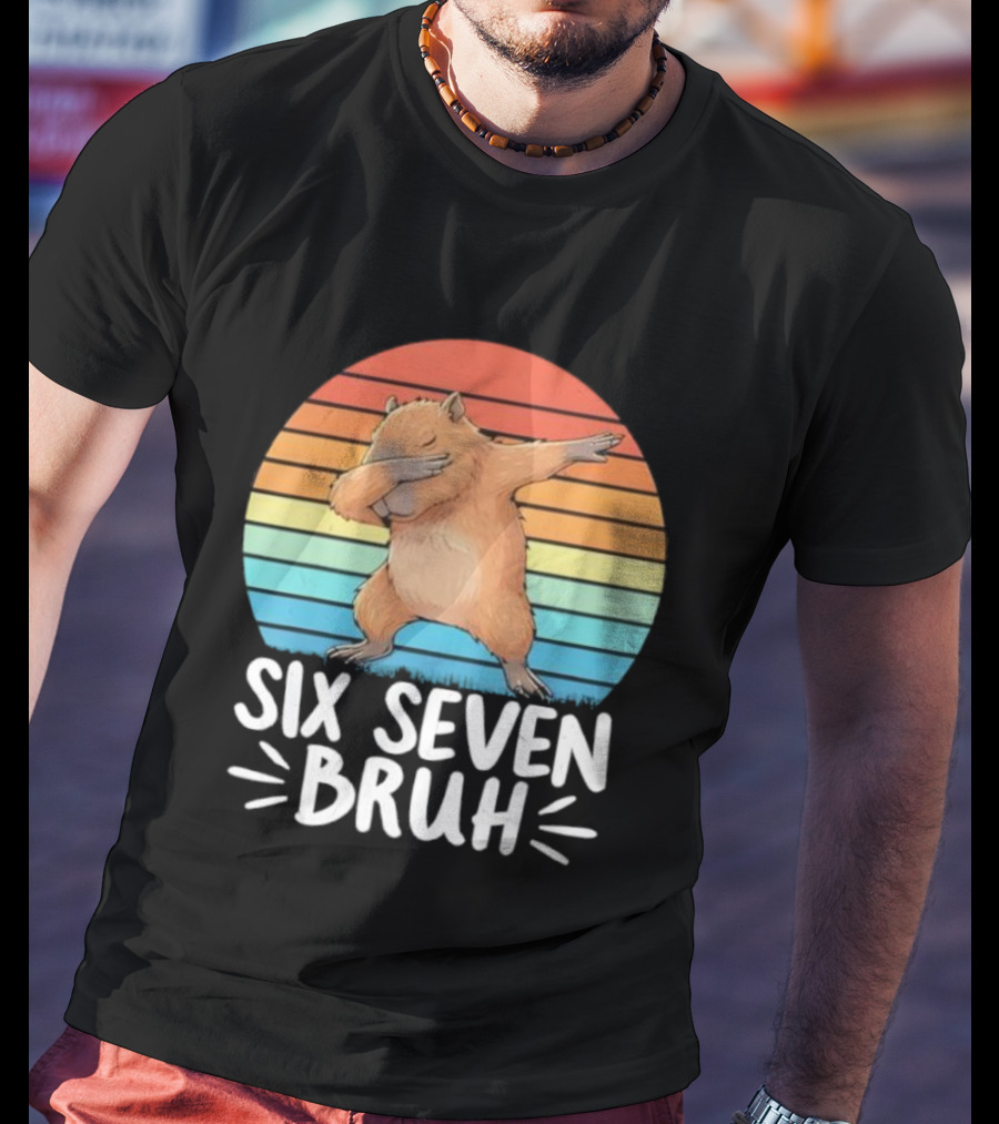 67 Meme Capybara Dabbing Six Seven Bruh Rainbow Retro T-Shirt