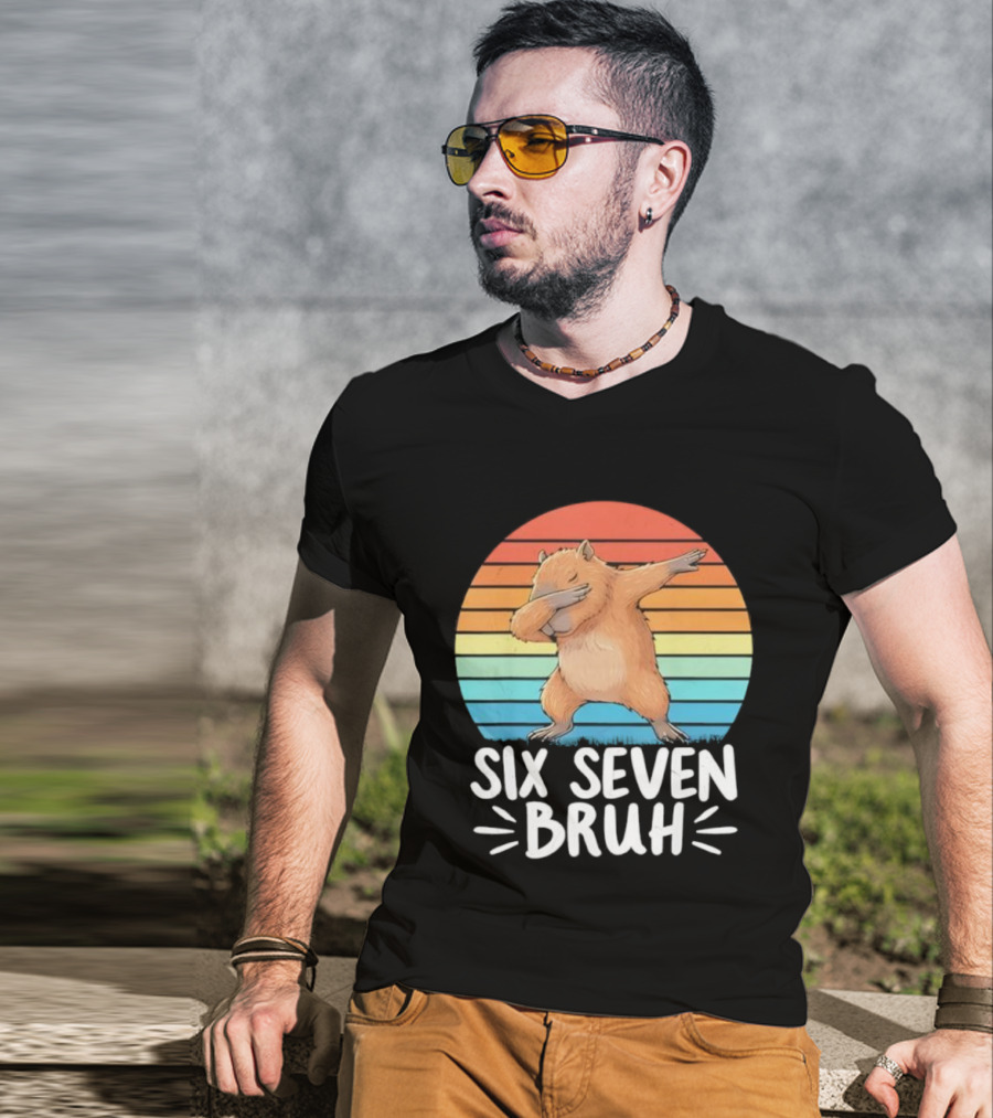 67 Meme Capybara Dabbing Six Seven Bruh Rainbow Retro T-Shirt