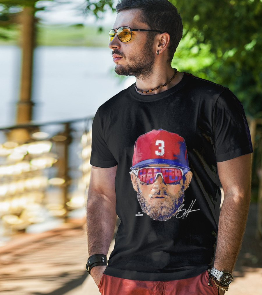 Philadelphia Phillies Bryce Harper Signature Head 3 Cap Sunglasses T-Shirt