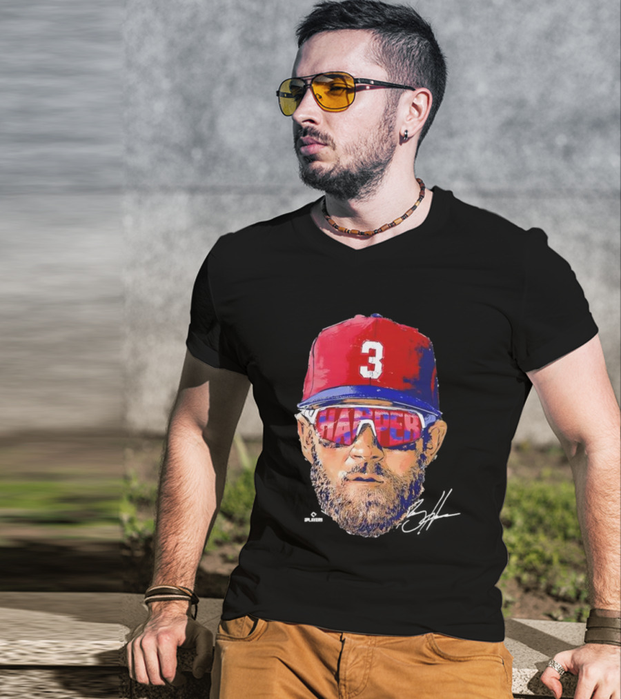 Philadelphia Phillies Bryce Harper Signature Head 3 Cap Sunglasses T-Shirt