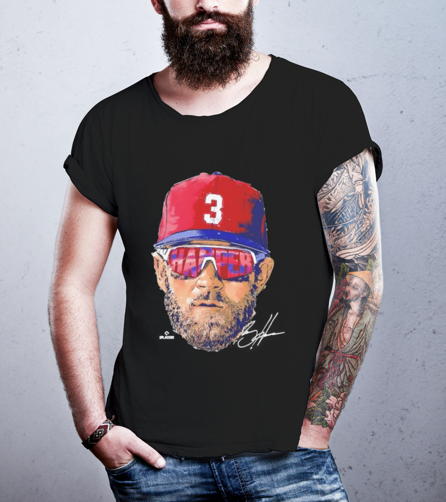 Philadelphia Phillies Bryce Harper Signature Head 3 Cap Sunglasses T-Shirt