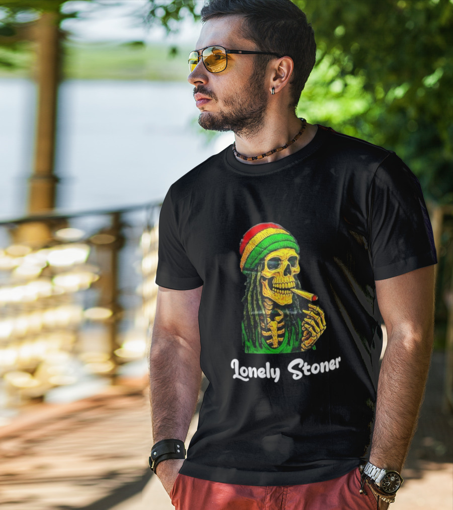 Lonely Stoner Dreadlocked Skull Smoking Rasta Colors T-Shirt