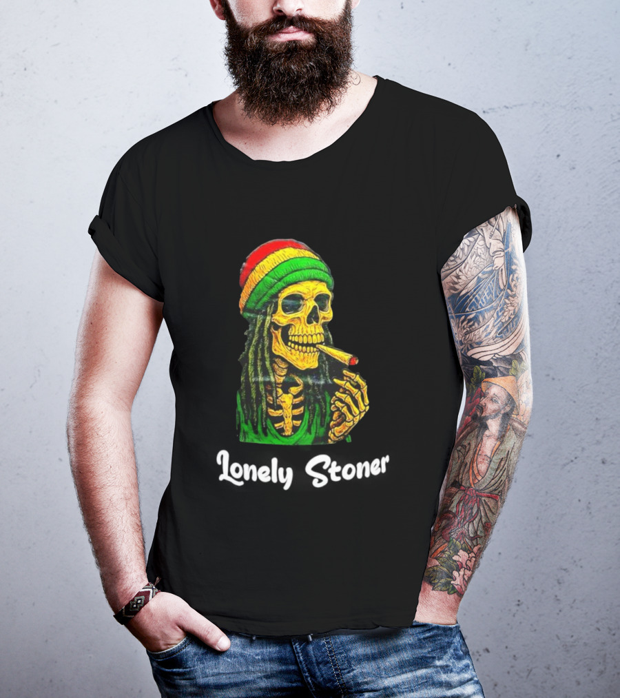 Lonely Stoner Dreadlocked Skull Smoking Rasta Colors T-Shirt