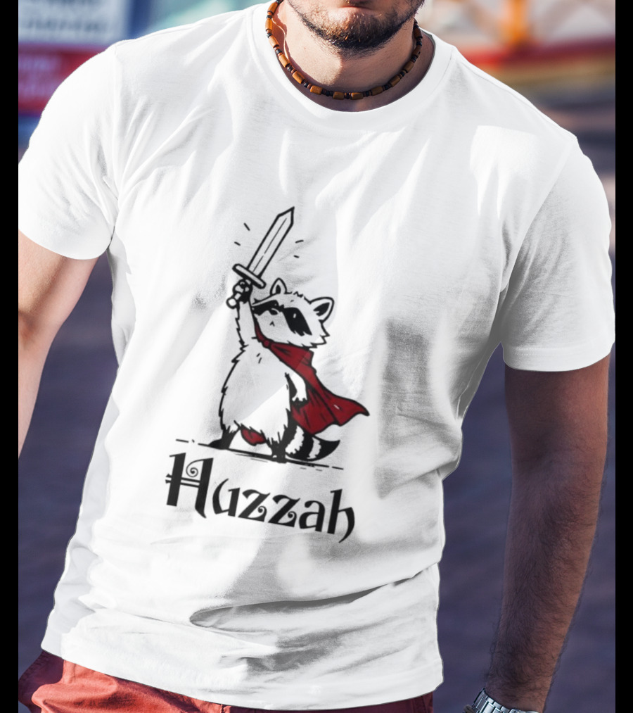 Raccoon Warrior Huzzah Red Cape Sword Heroic Pose T-Shirt