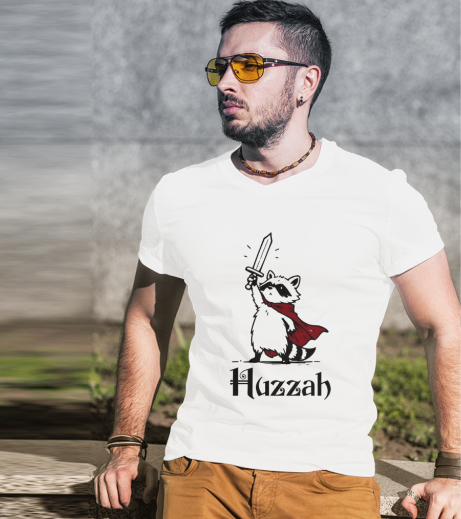 Raccoon Warrior Huzzah Red Cape Sword Heroic Pose T-Shirt