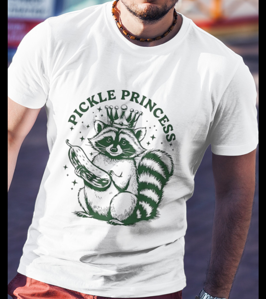 Pickle Princess Raccoon Holding Pickle With Crown And Stars T-Shirt