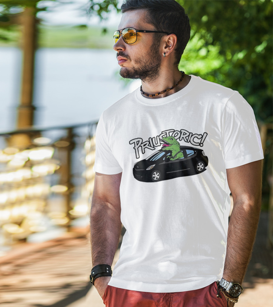 Priustoric T-Rex Dinosaur Driving Car Playful Humor T-Shirt