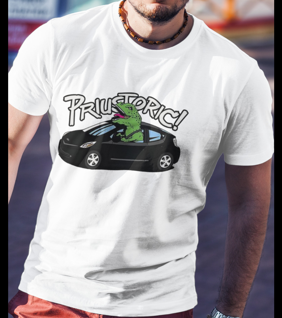 Priustoric T-Rex Dinosaur Driving Car Playful Humor T-Shirt