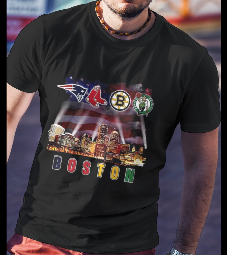 Boston Patriots Red Sox Bruins Celtics City Skyline Fan Celebration T-Shirt