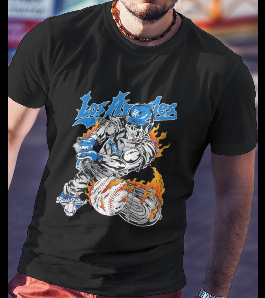 Los Angeles Dodgers World Series Back 2 Back 2024 2025 Warren Lotas Skeleton Baseball Flames T-Shirt