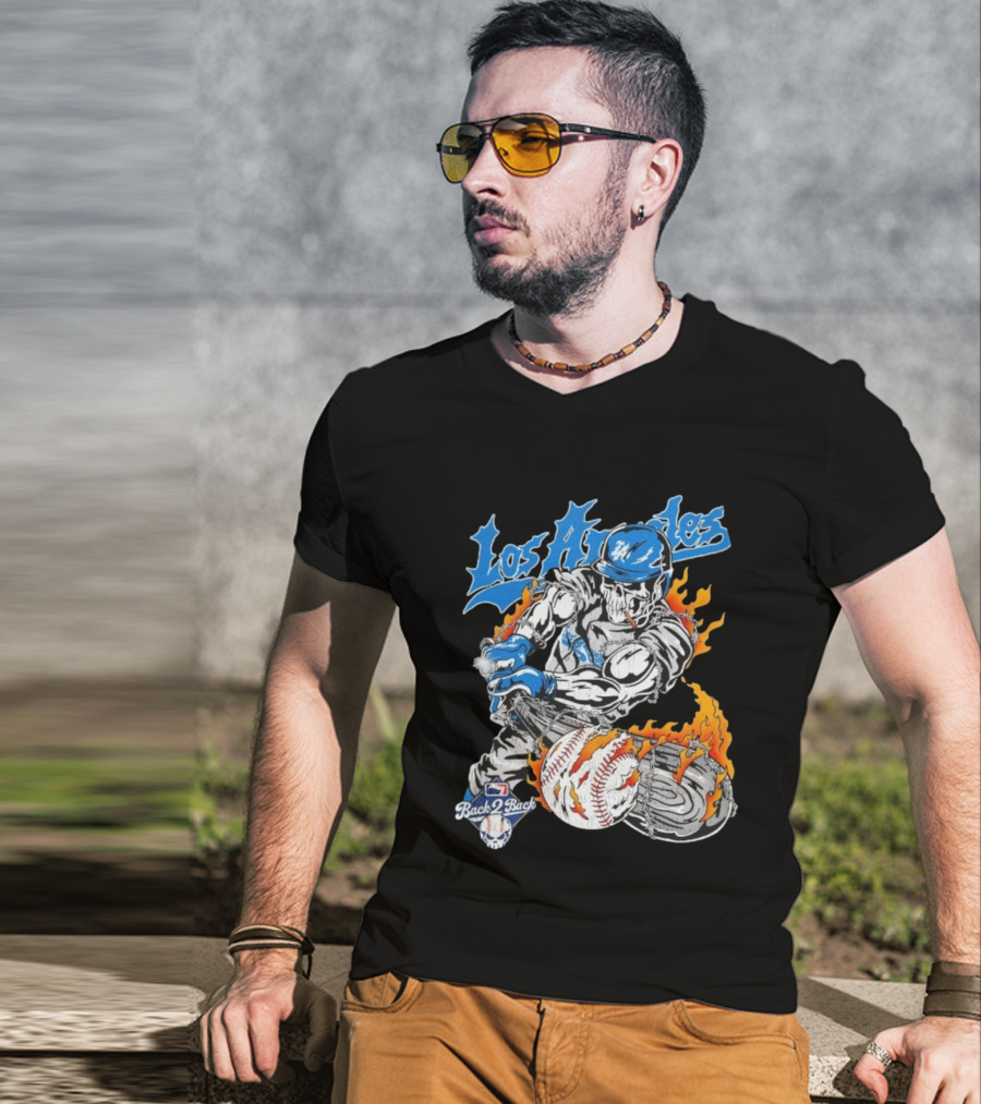 Los Angeles Dodgers World Series Back 2 Back 2024 2025 Warren Lotas Skeleton Baseball Flames T-Shirt