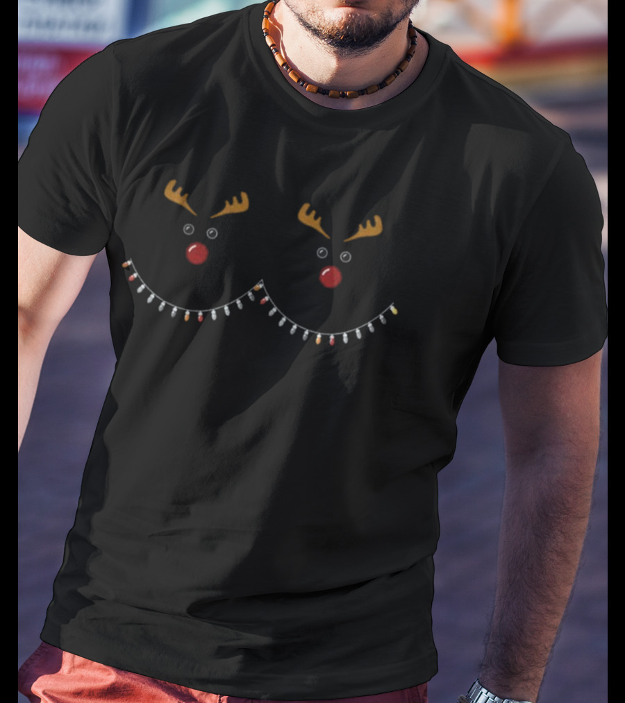 Funny Christmas Reindeer Boobs Lights Antlers Nose Eyes T-Shirt