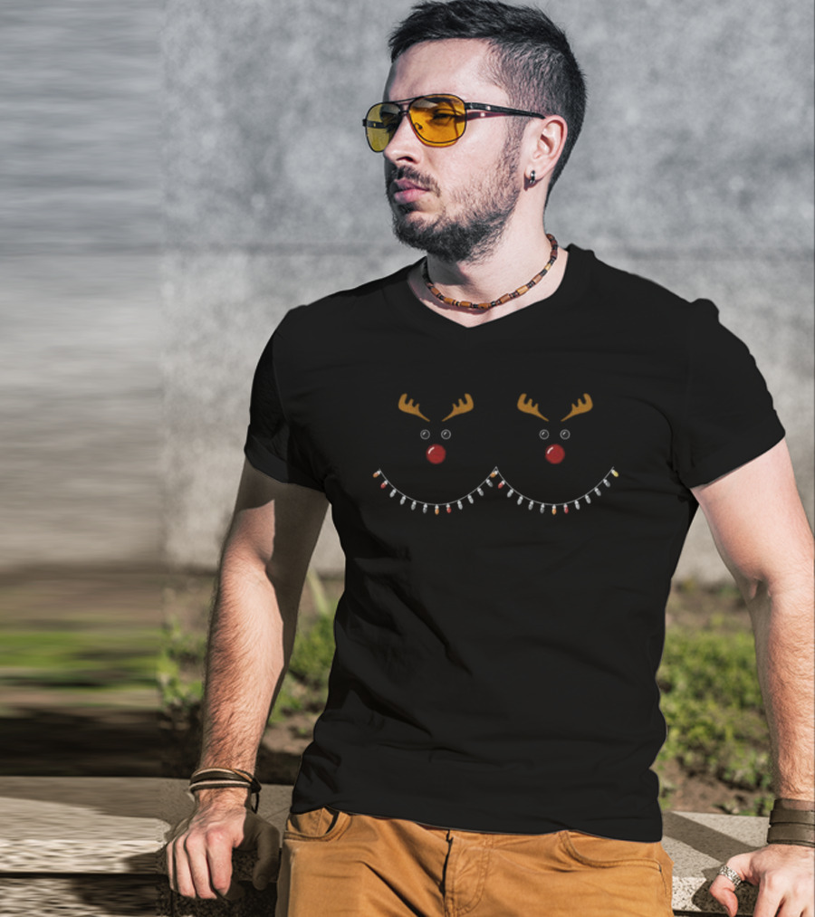 Funny Christmas Reindeer Boobs Lights Antlers Nose Eyes T-Shirt