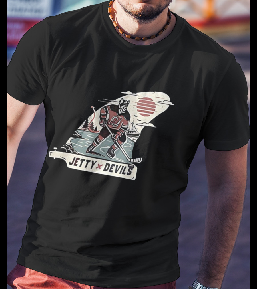 Jetty X New Jersey Devils NHL Player Vintage Skeleton Hockey Sunset Scene T-Shirt