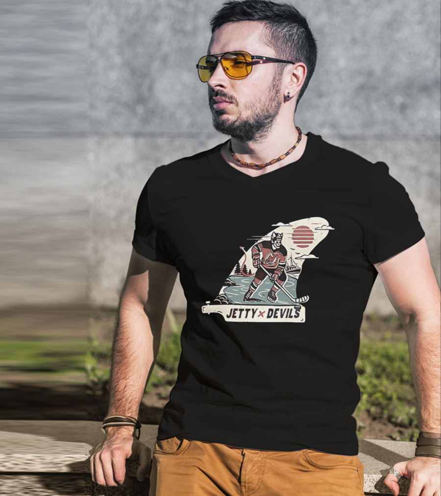Jetty X New Jersey Devils NHL Player Vintage Skeleton Hockey Sunset Scene T-Shirt