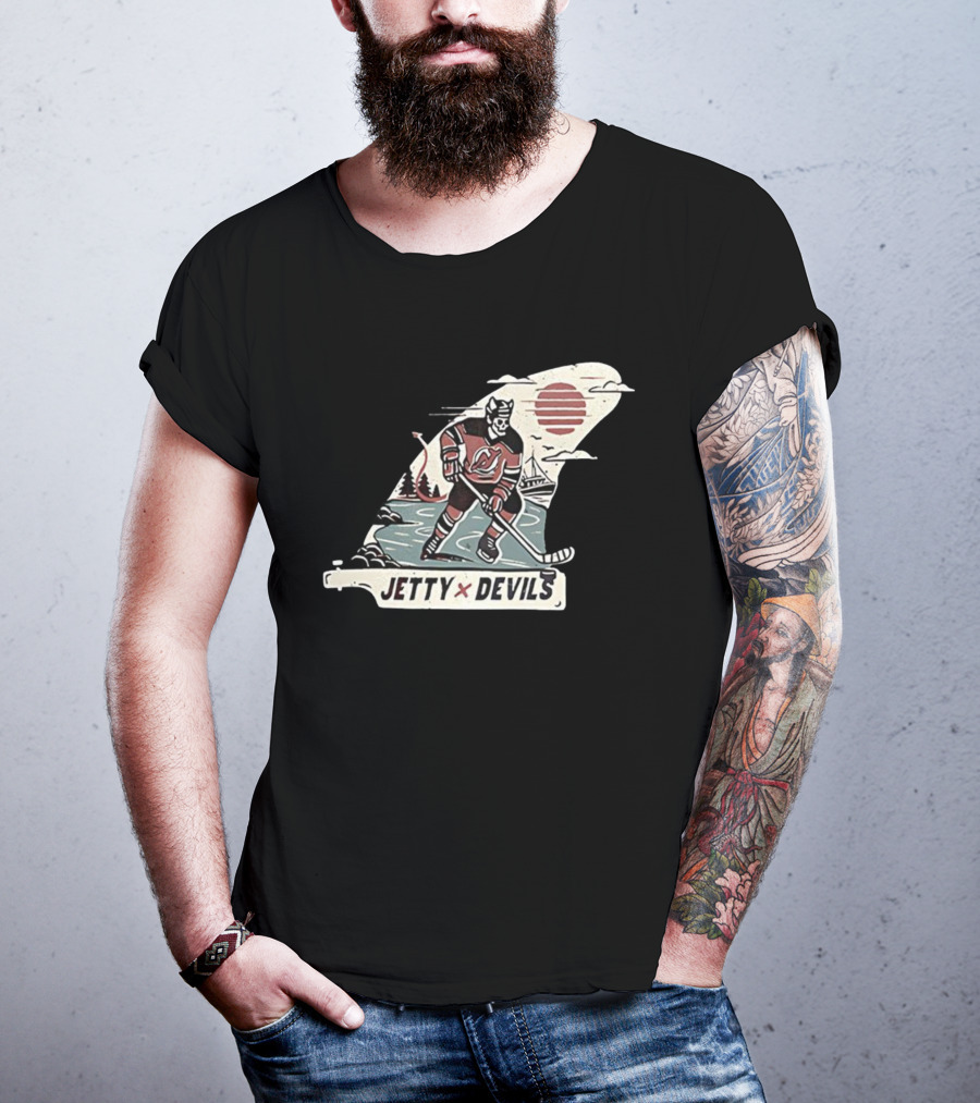 Jetty X New Jersey Devils NHL Player Vintage Skeleton Hockey Sunset Scene T-Shirt