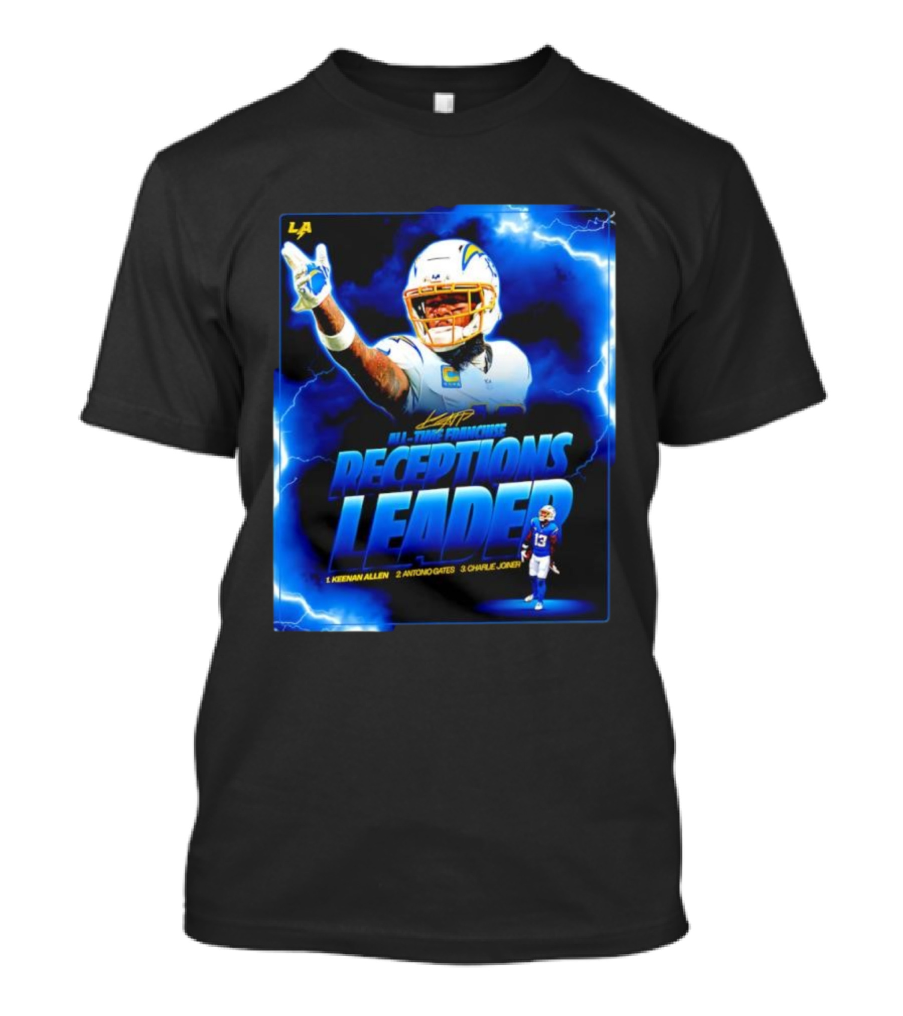 Keenan Allen Chargers All-Time Franchise Receptions Leader Lightning Theme T-Shirt