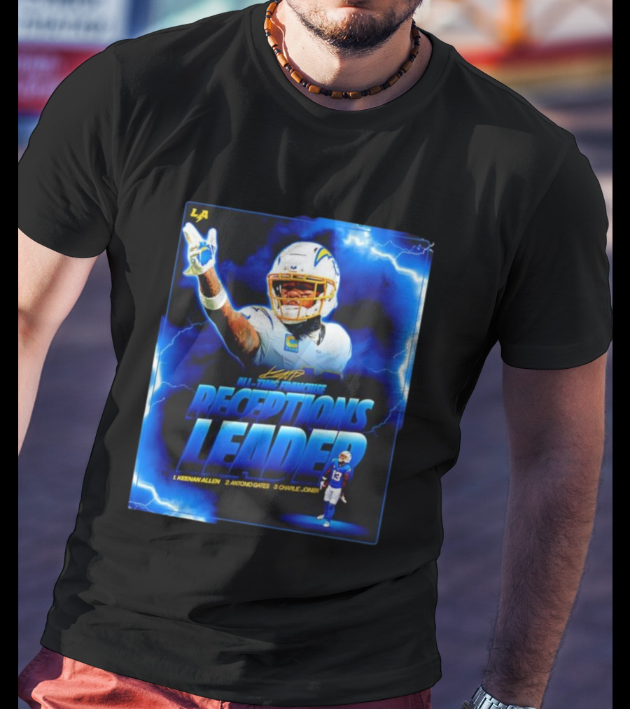 Keenan Allen Chargers All-Time Franchise Receptions Leader Lightning Theme T-Shirt