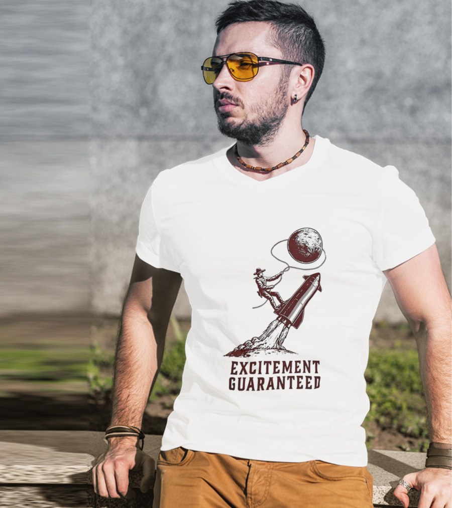 Excitement Guaranteed Cowboy Riding Rocket Lassoing Moon T-Shirt