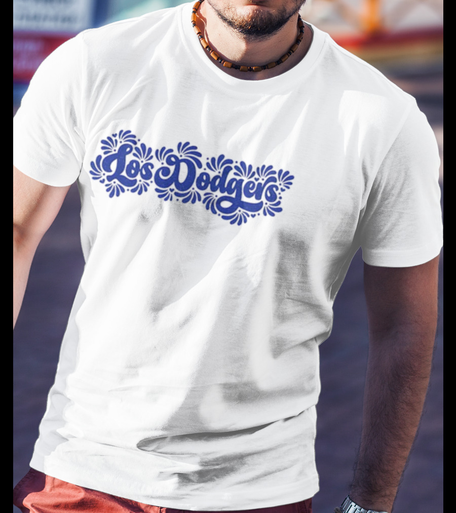 Mexican Talavera Inspired Los Angeles Dodgers Floral Text T-Shirt