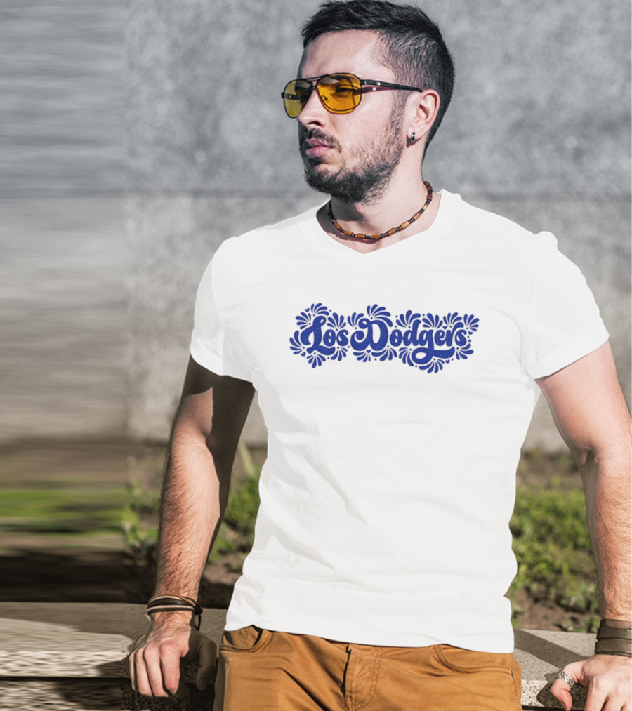 Mexican Talavera Inspired Los Angeles Dodgers Floral Text T-Shirt