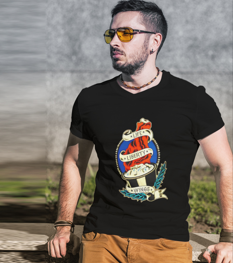 Life Liberty Wings Tattoo Style Emblem Flame And Feather Elements T-Shirt