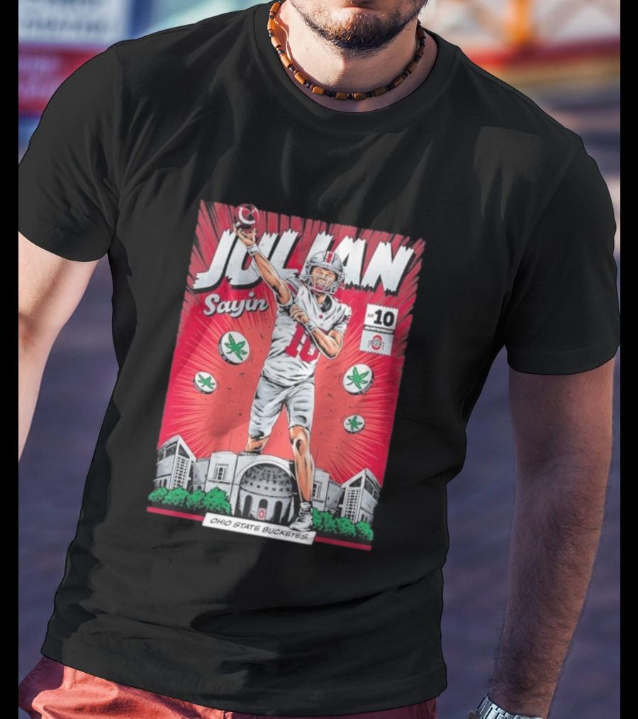 Julian Sayin Ohio State Buckeyes Number 10 Comic Superheroes Stadium T-Shirt