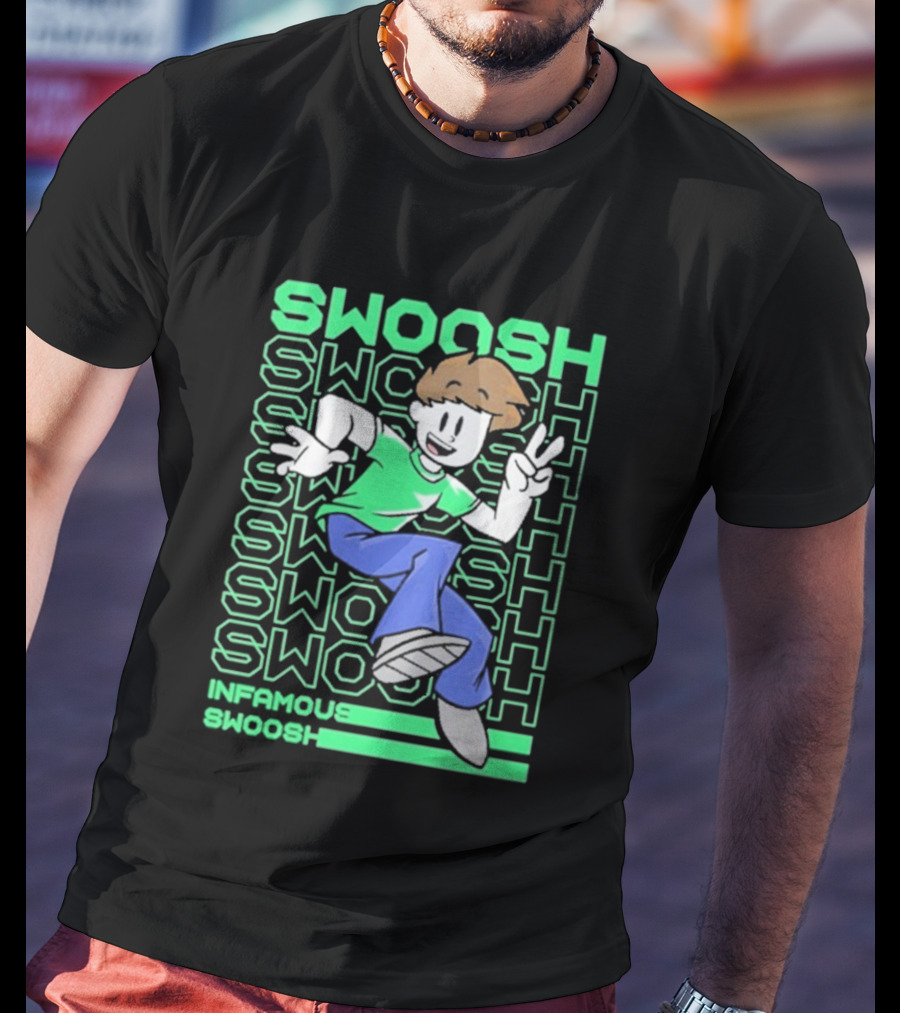 Infamous Swoosh Repeated Cartoon Character Peace Gesture Bright Colors T-Shirt