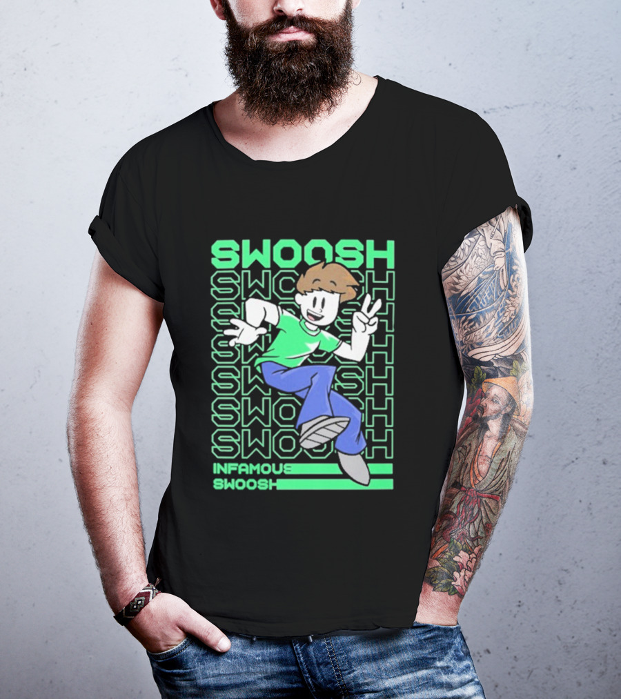 Infamous Swoosh Repeated Cartoon Character Peace Gesture Bright Colors T-Shirt