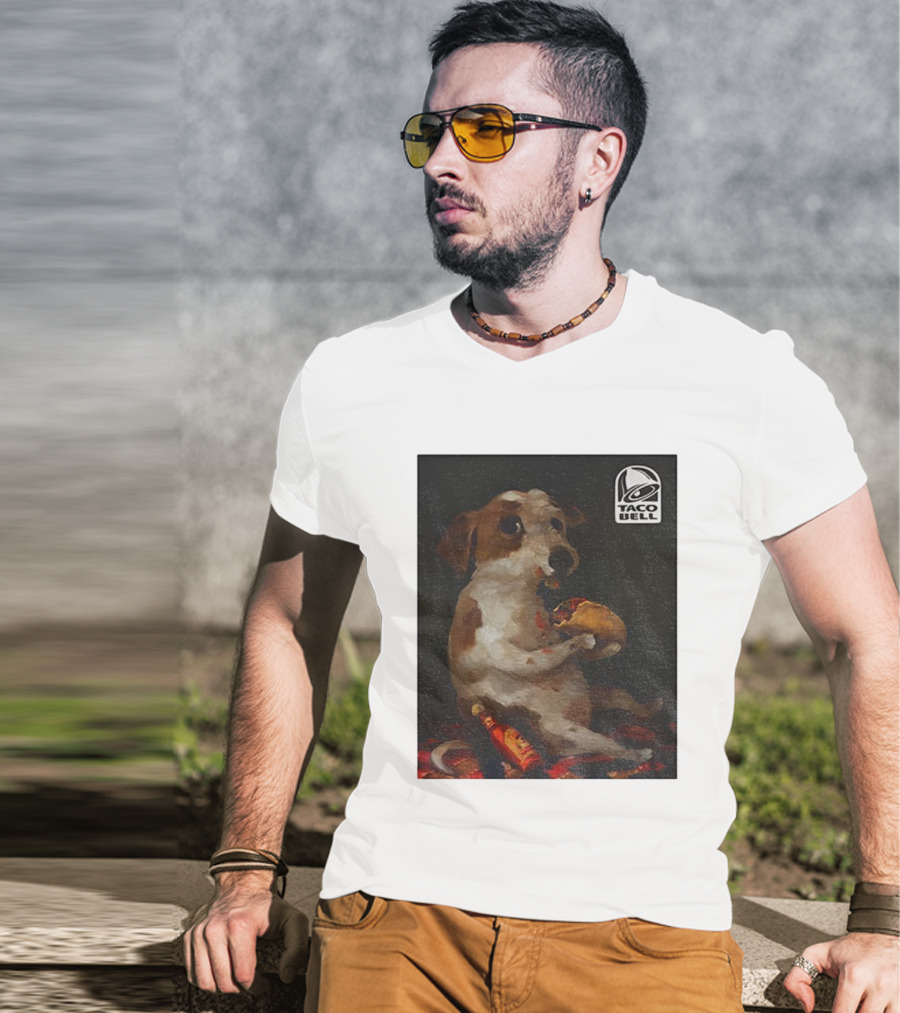 Dog With Taco Bell Burrito And Hot Sauce Funny Meme T-Shirt