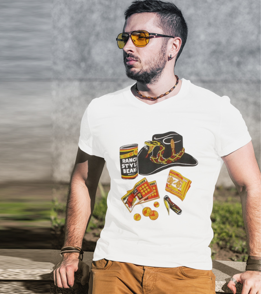 Ranch Style Beans Can Rattlesnake Cowboy Hat Texas Symbols Imagery T-Shirt