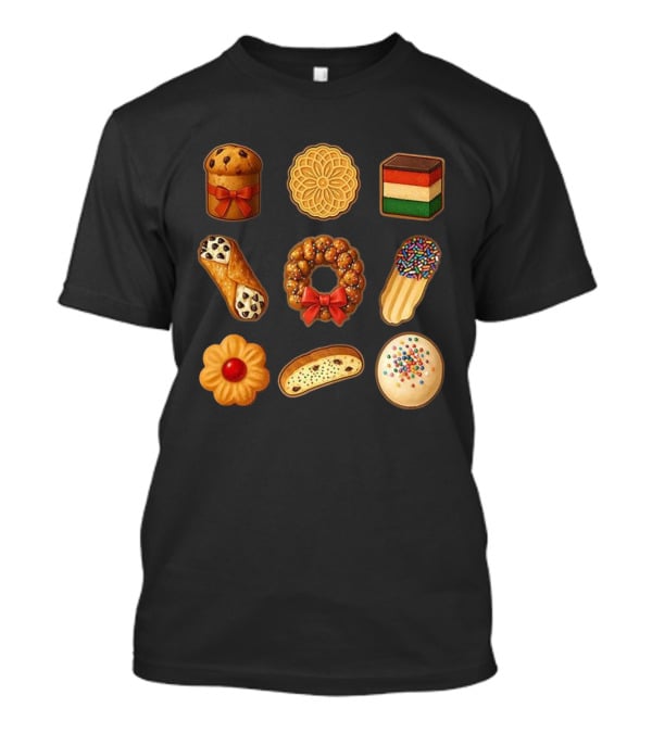 Festive Italian Cookie Variety Featuring Pandoro Biscotti Cannoli Bow Sprinkles T-Shirt