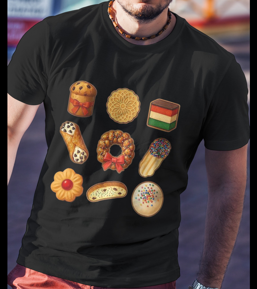 Festive Italian Cookie Variety Featuring Pandoro Biscotti Cannoli Bow Sprinkles T-Shirt