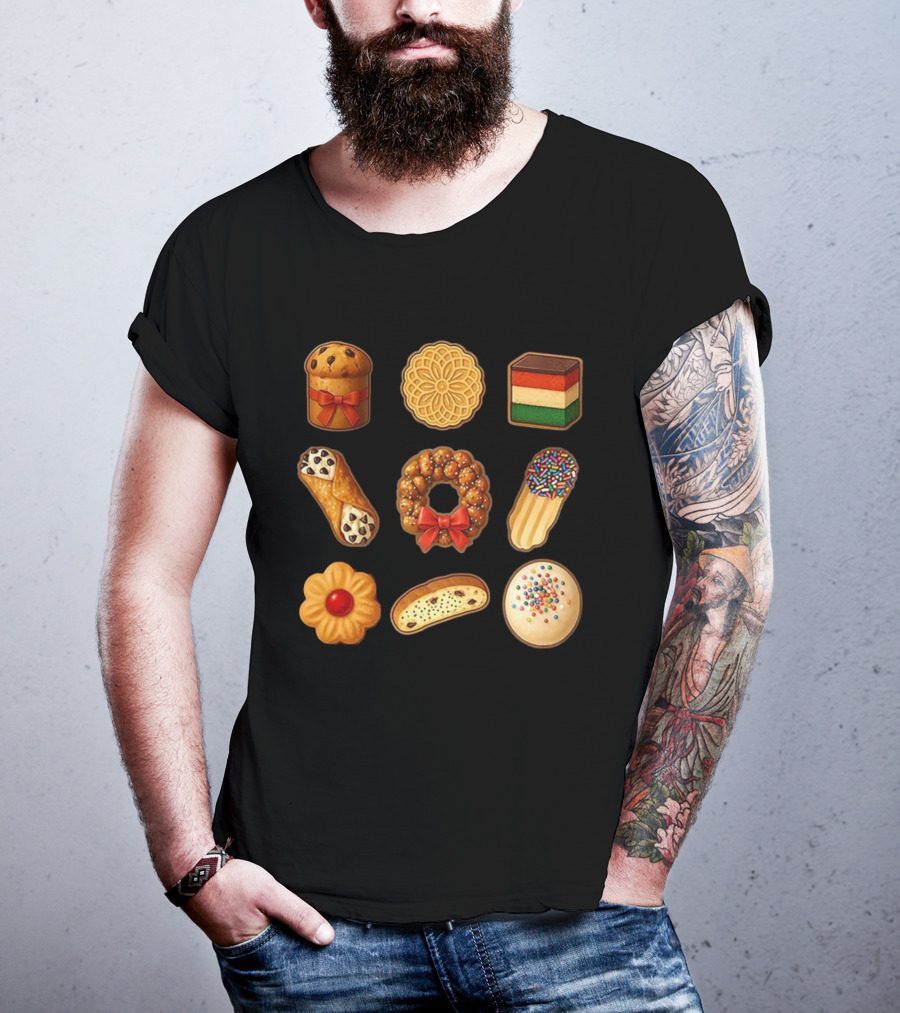 Festive Italian Cookie Variety Featuring Pandoro Biscotti Cannoli Bow Sprinkles T-Shirt