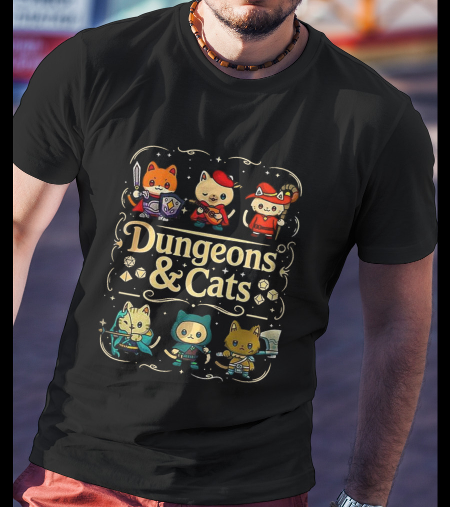Dungeons & Cats Fantasy Feline Warriors Adventure T-Shirt