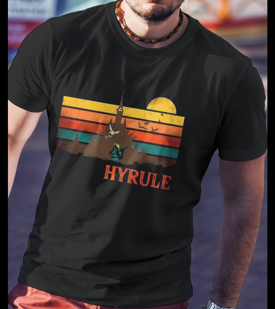 Hyrule Land Of The Gods Vintage Retro Sunset Castle And Hero Silhouette T-Shirt