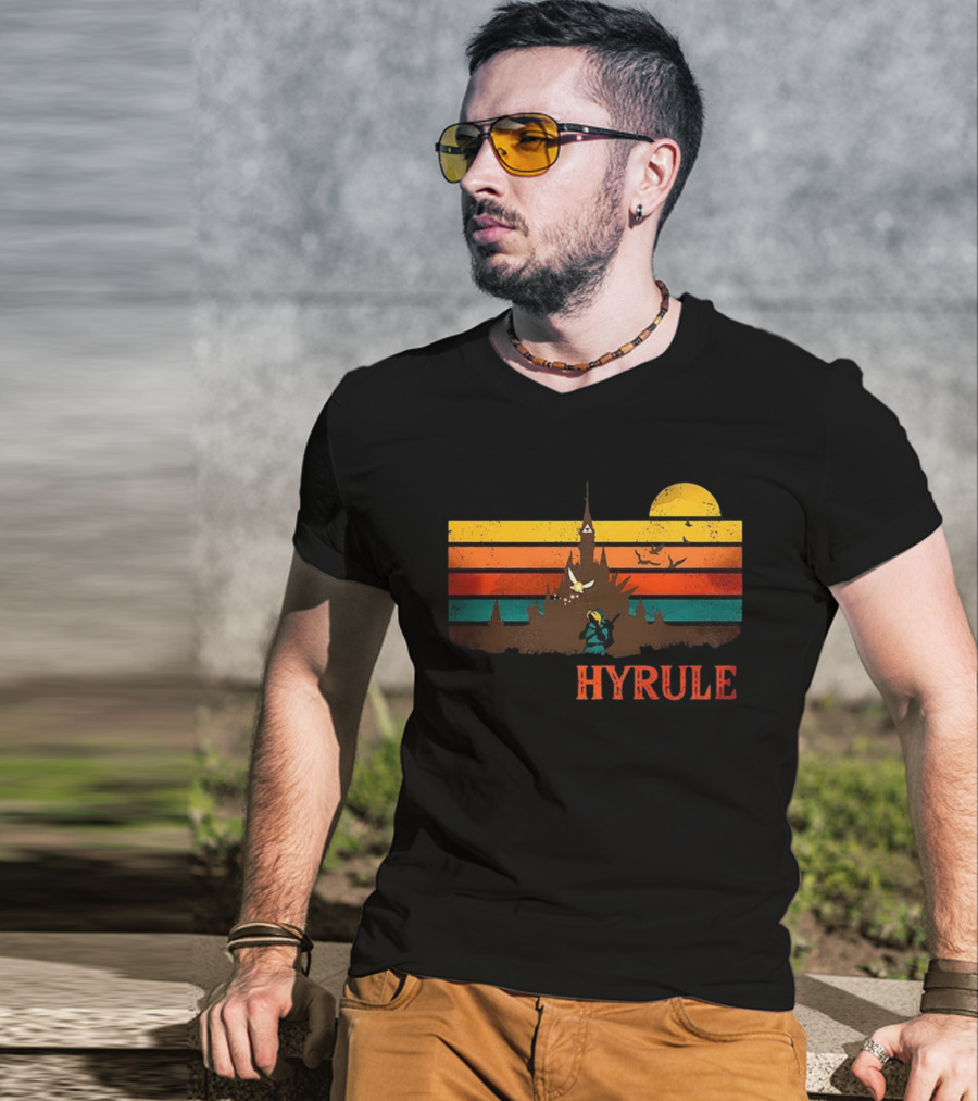 Hyrule Land Of The Gods Vintage Retro Sunset Castle And Hero Silhouette T-Shirt